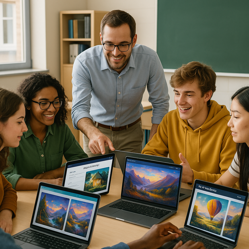 A classroom scene showing diverse students and an instructor engaged in creative activities using AI tools on laptops.