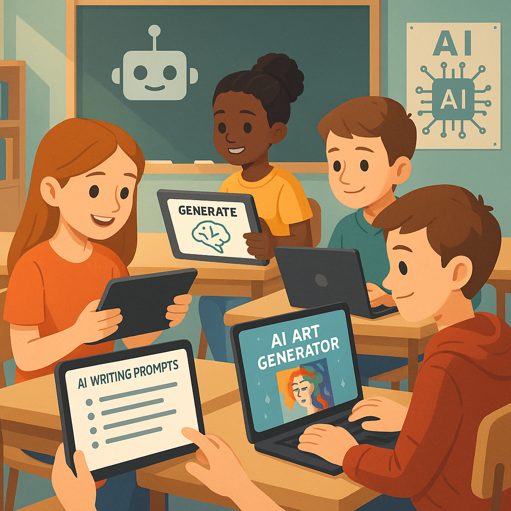 Illustration of students collaborating on AI-driven projects, enhancing creativity and engagement.