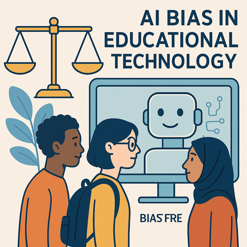 Illustration showing diverse students using unbiased AI tools for education.
