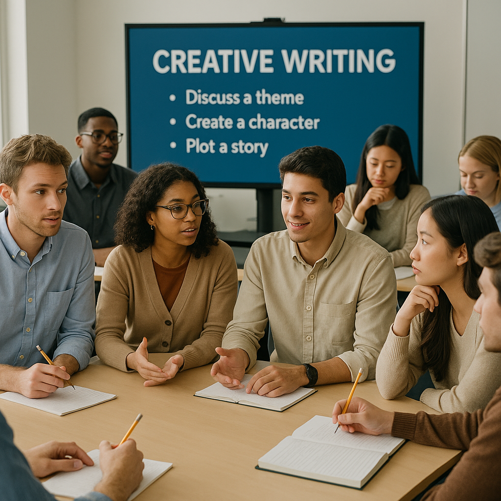 Students engaged in a creative writing workshop, emphasizing emotional intelligence and creativity.
