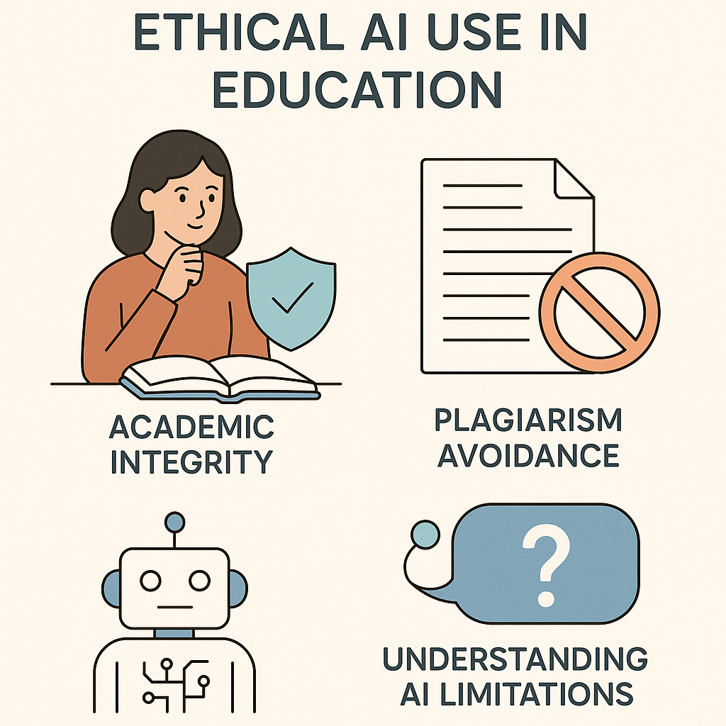 Illustration depicting ethical guidelines for AI use in student assignments, including integrity and plagiarism avoidance.