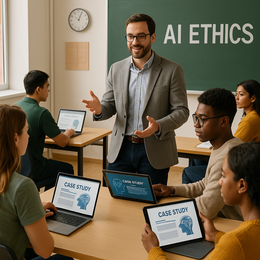AI tools ethical usage in education - Classroom scene showing diverse students and an instructor discussing AI ethics, w