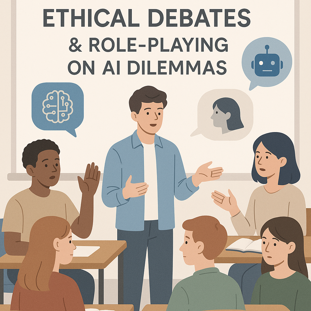 AI tools ethical usage in education - Illustration of students participating in debates and role-playing activities to e