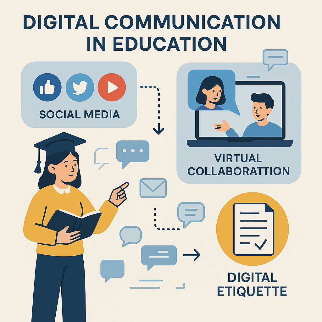 Illustration showing digital communication elements like social media, collaboration tools, and etiquette in education contexts.
