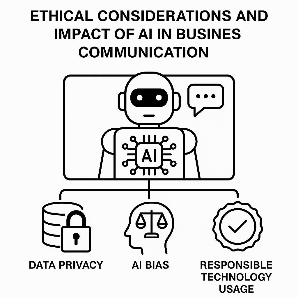 Diagram showing ethical AI considerations like privacy, bias, and responsible use in business communication.