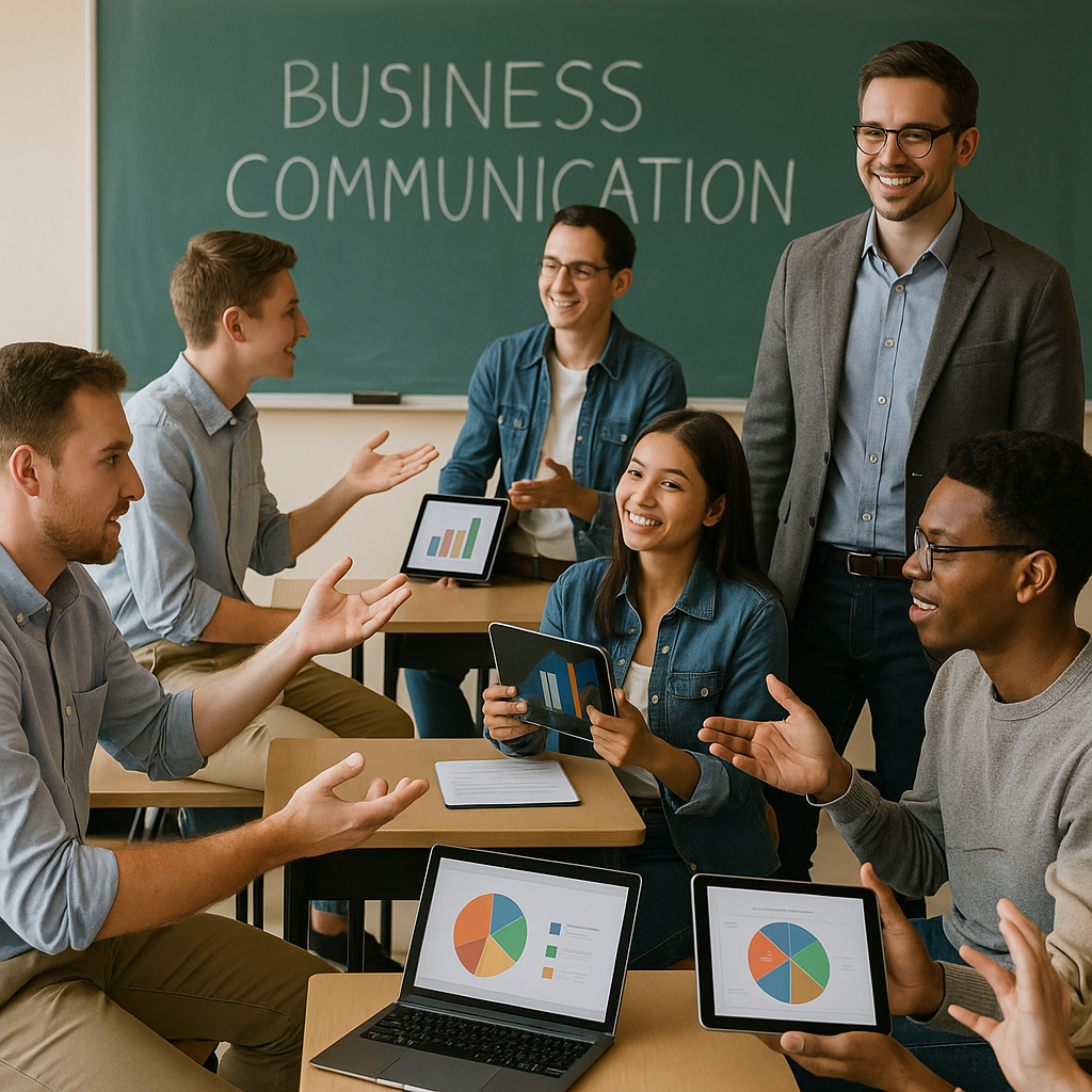 Photograph of diverse students and an instructor participating in a role-play session in a business communication class.