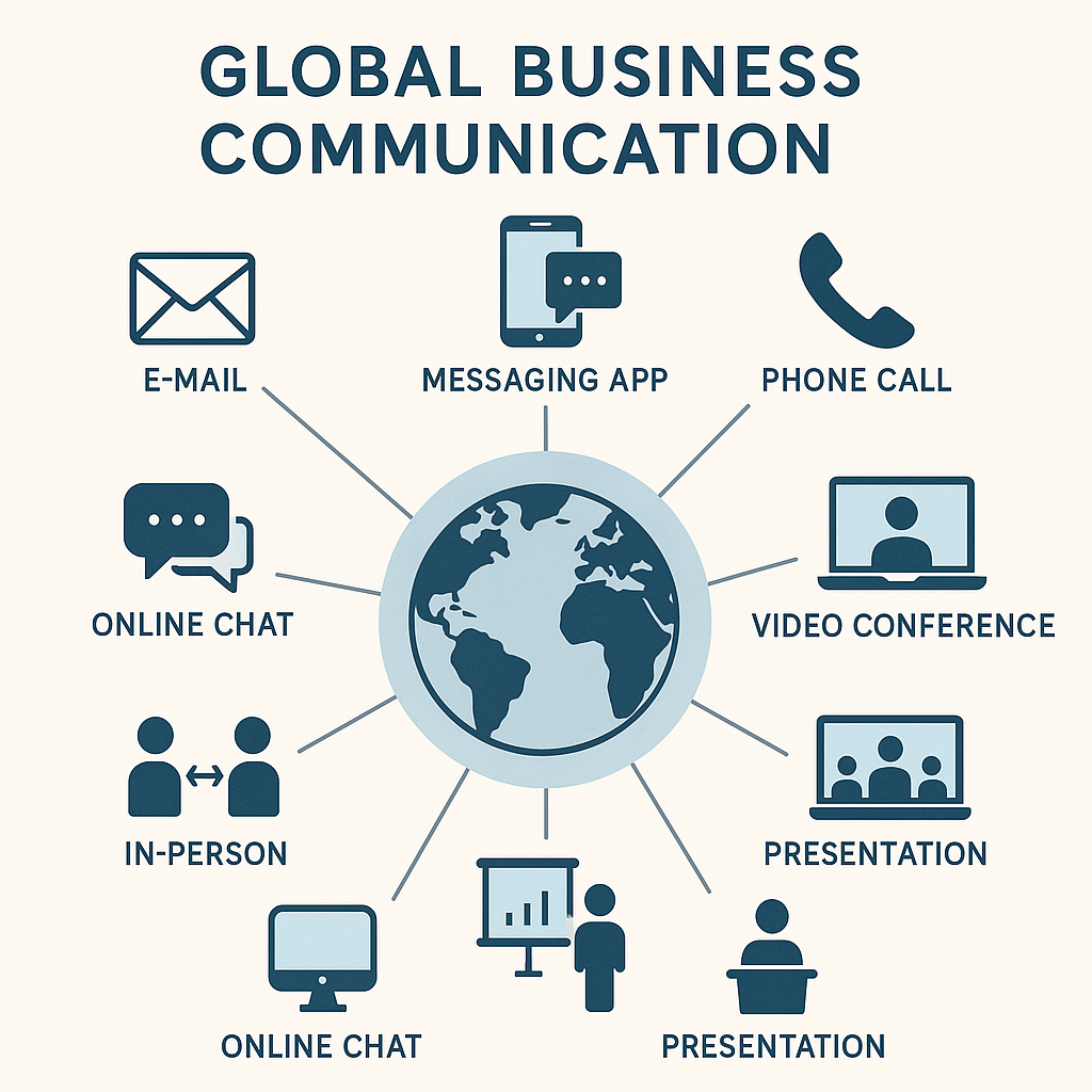 Diagram showing different communication channels and styles used globally, emphasizing diversity in business communication.