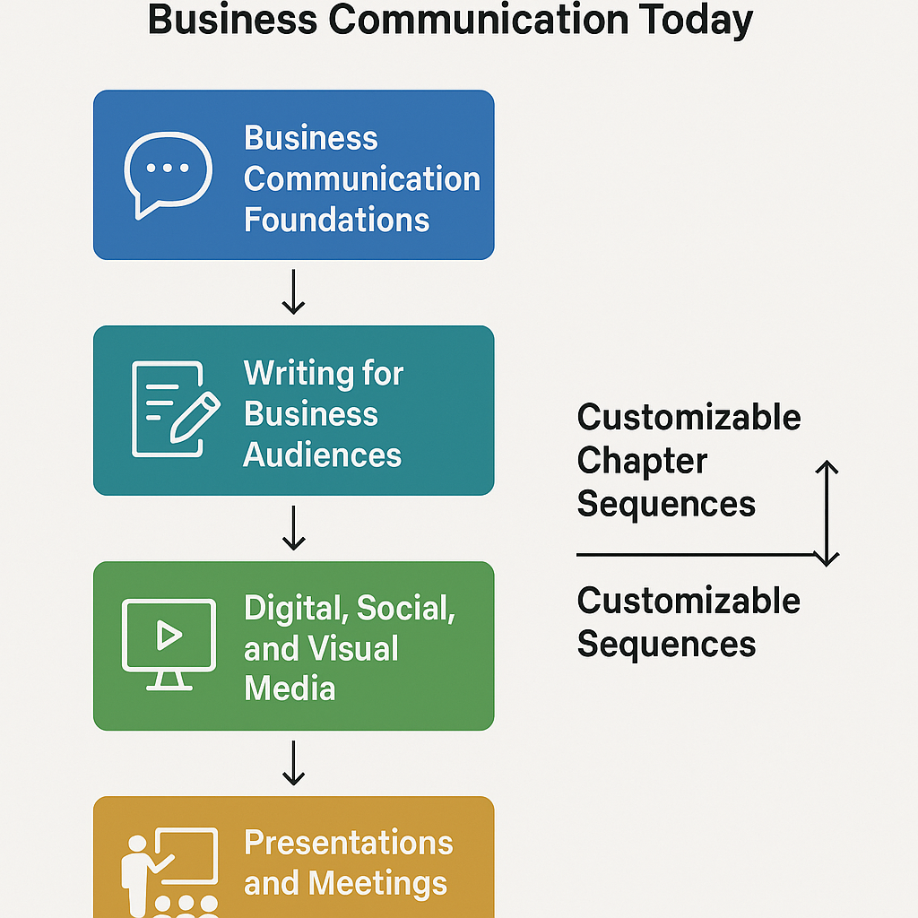 Diagram showing the modular and customizable chapter structure of Business Communication Today with clear margins and text labeling.