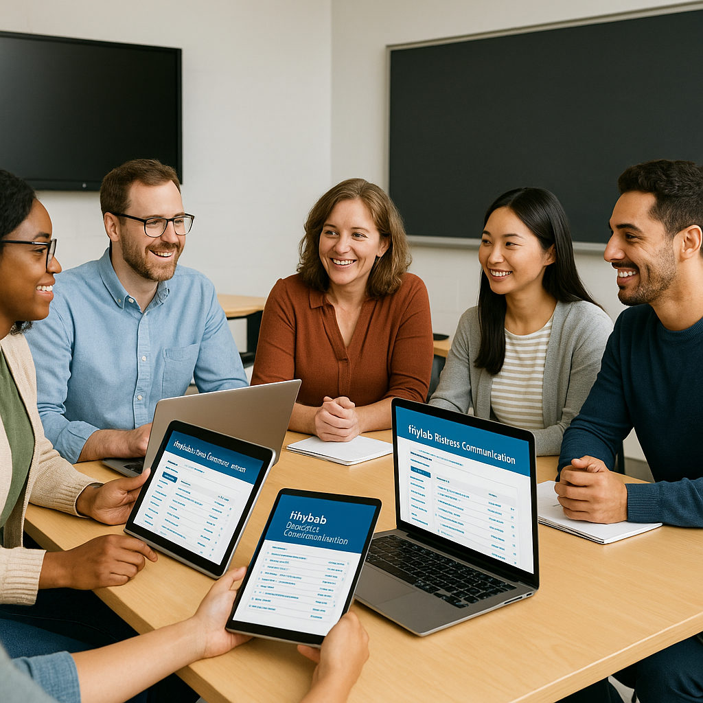 Photograph of educators in a classroom using tablets and laptops with MyLab Business Communication displayed, discussing course integration.
