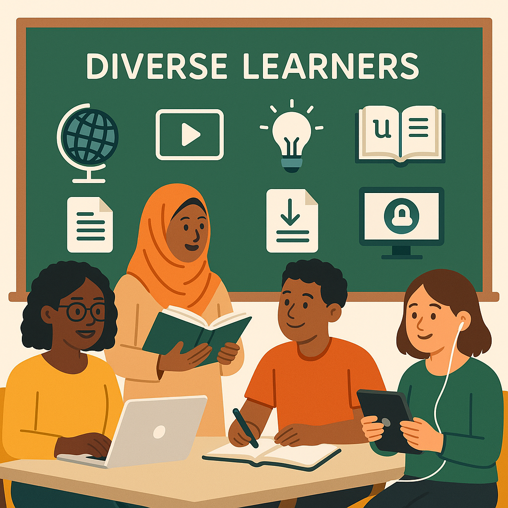 Illustration of a diverse classroom environment showing students using various learning tools, all clearly visible with ample margins.