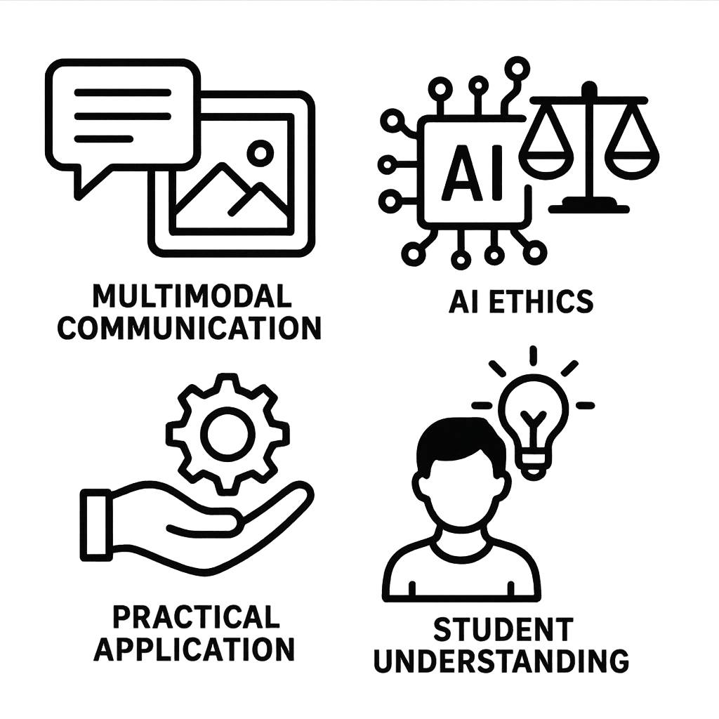 Business Communication Today 16th Edition features - Icon set showing multimodal communication, AI ethics, practical exe