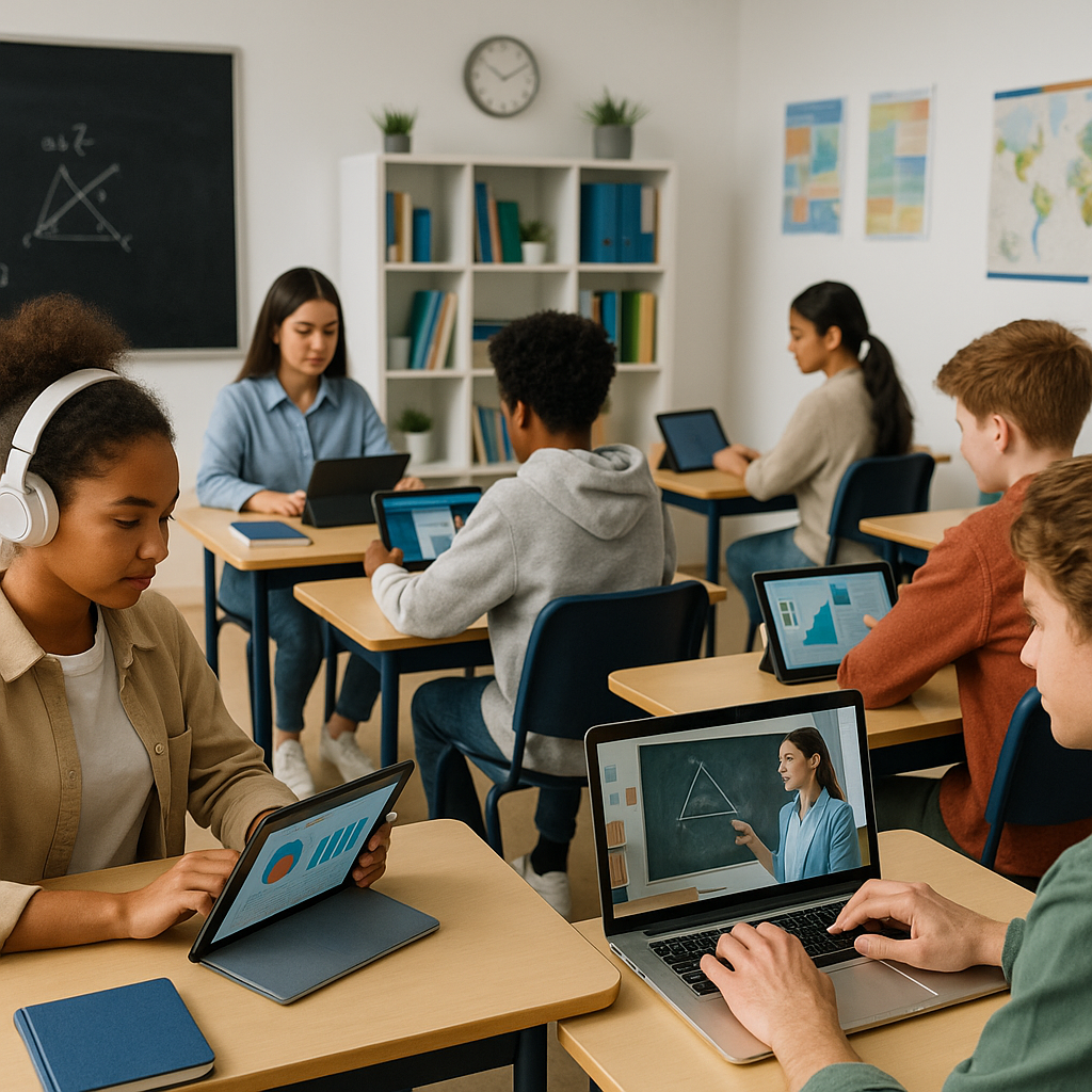 multimedia resources in business communication education - A diverse group of students using digital devices in a classr
