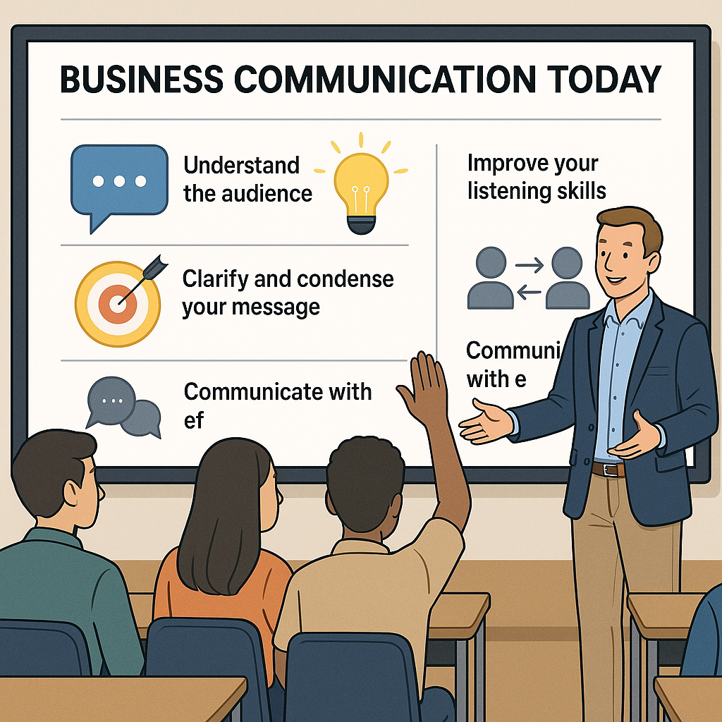 instructor support materials Business Communication Today - Illustration of a classroom with a PowerPoint presentation f
