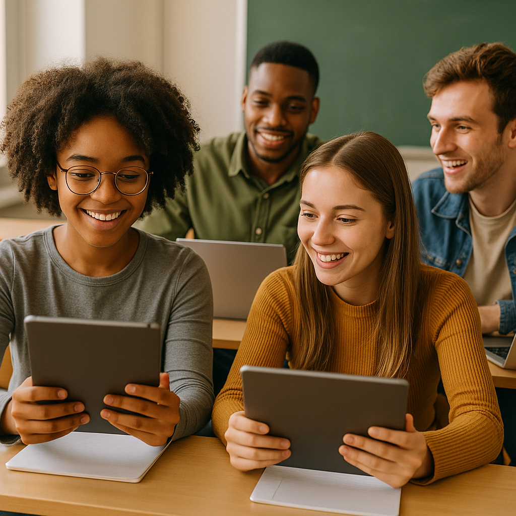 A group of diverse students using tablets and laptops in a classroom, reflecting engagement with digital learning tools.