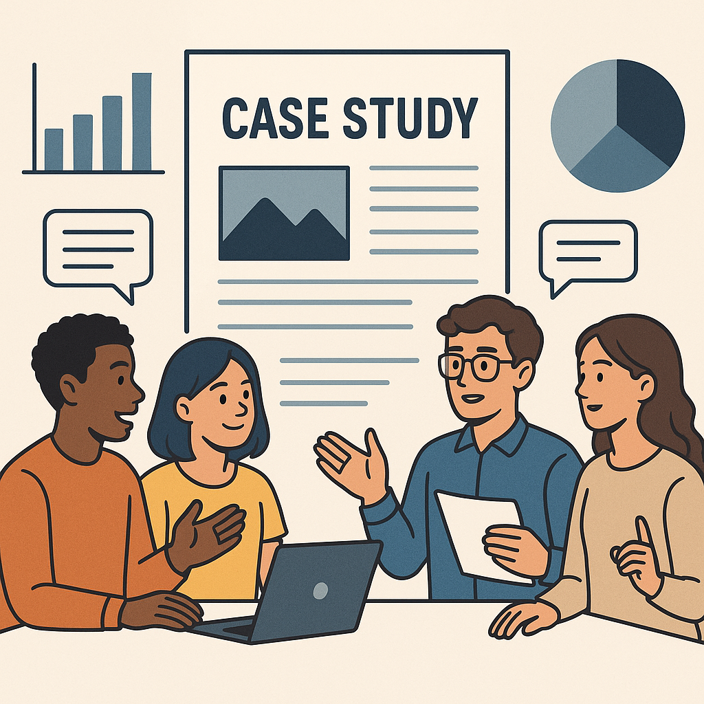 Illustration of students discussing a business case study with charts and a case study document.
