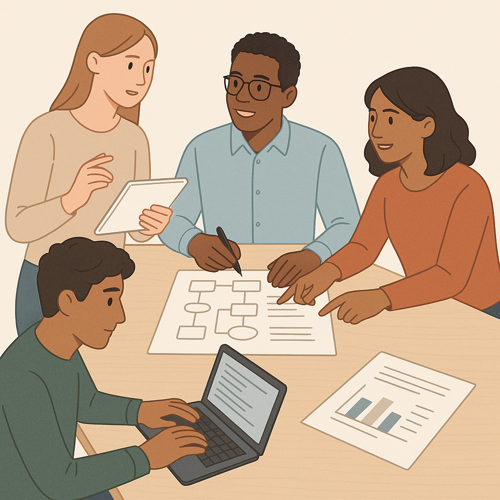 Illustration of students collaborating on a team project with digital devices and project materials.