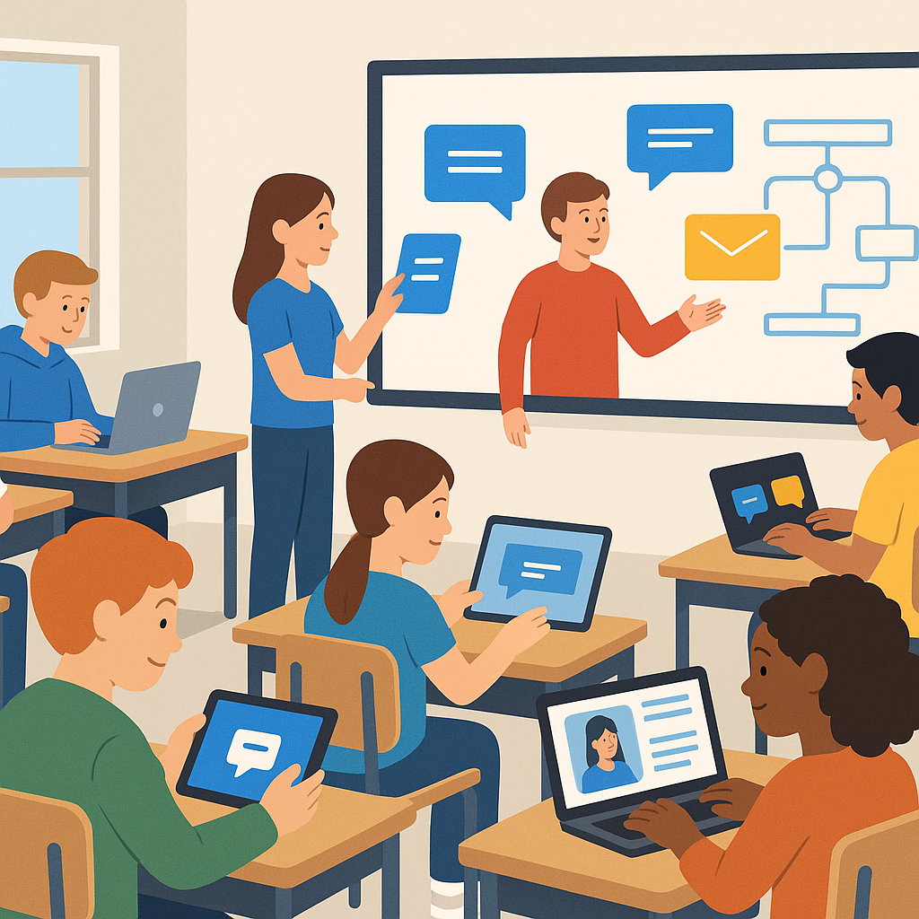 key learning objectives in business communication - Illustration of students using digital tools like laptops and tablet