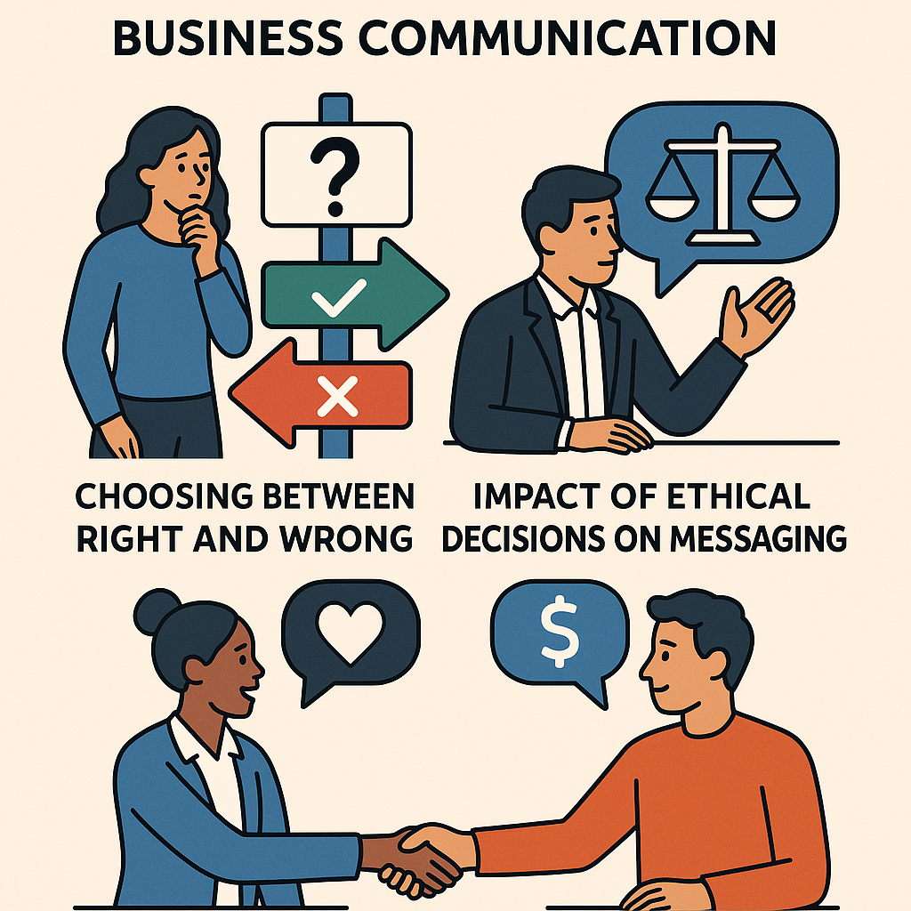 key learning objectives in business communication - Illustration depicting ethical decision-making in business communica