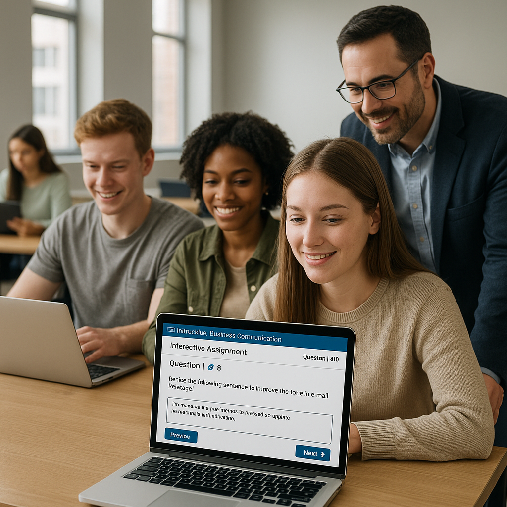 Photograph of diverse students engaging with MyLab Business Communication on laptops, illustrating real-time feedback features.