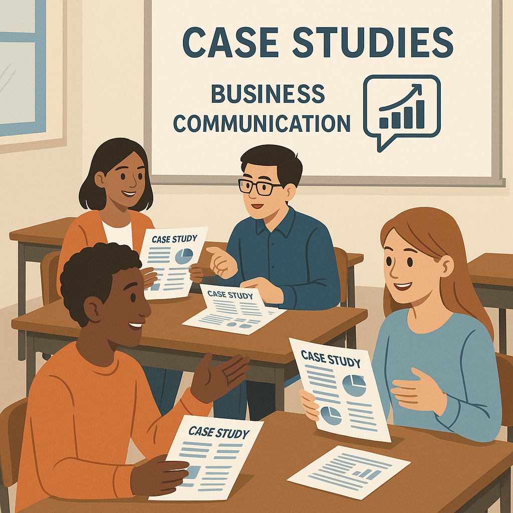 Illustration of diverse students working together on case studies in a classroom, applying theoretical knowledge practically.