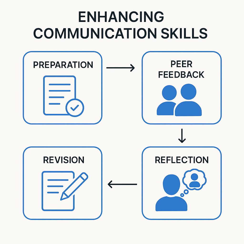 Diagram depicting the peer review and group project process, highlighting preparation, feedback, revision, and reflection stages.
