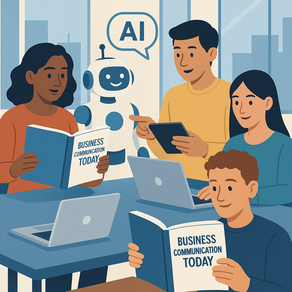 Illustration showing students using AI tools alongside textbooks for business communication preparation.