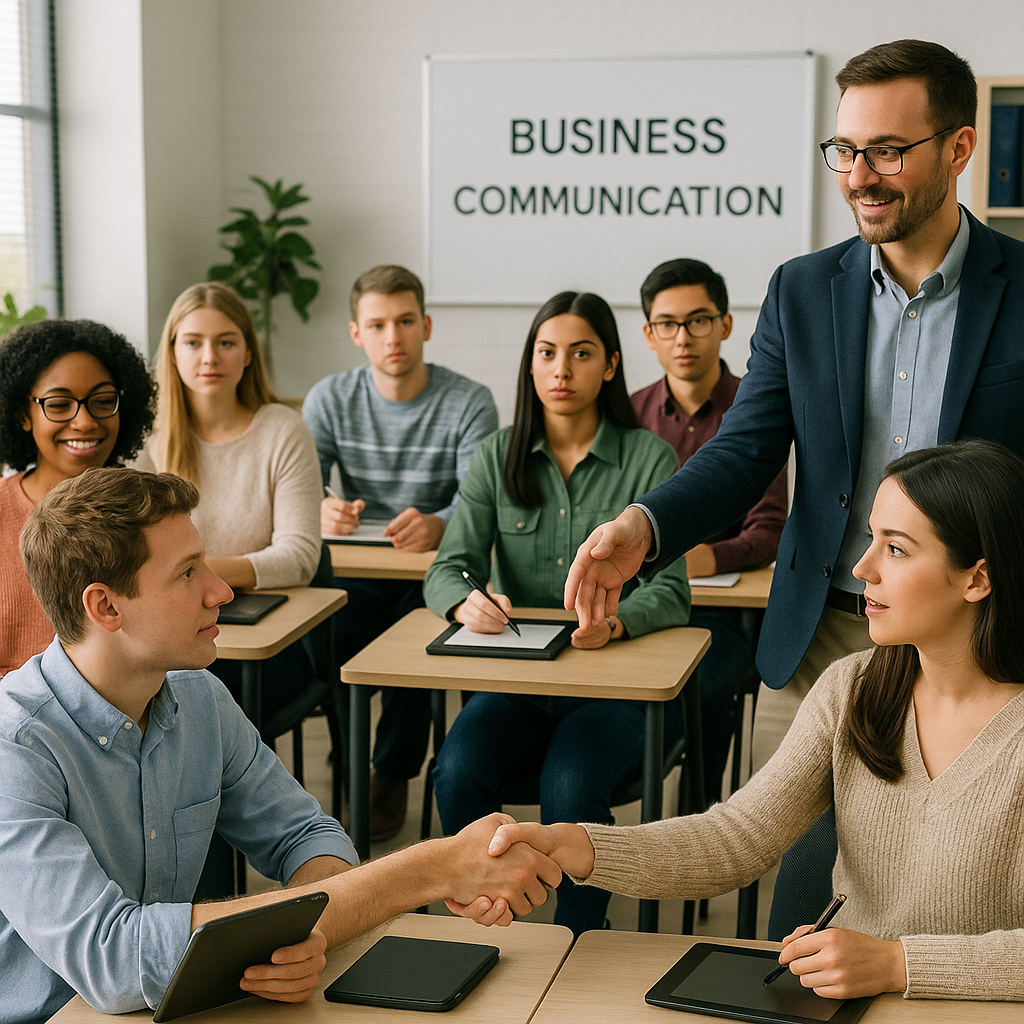 Photograph of students actively participating in a business communication role-playing exercise, fostering empathy and diverse perspective understanding.
