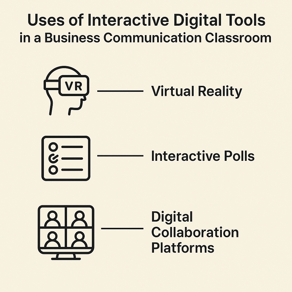 Diagram showing the role of interactive digital tools like virtual reality and collaboration platforms in enhancing student engagement.