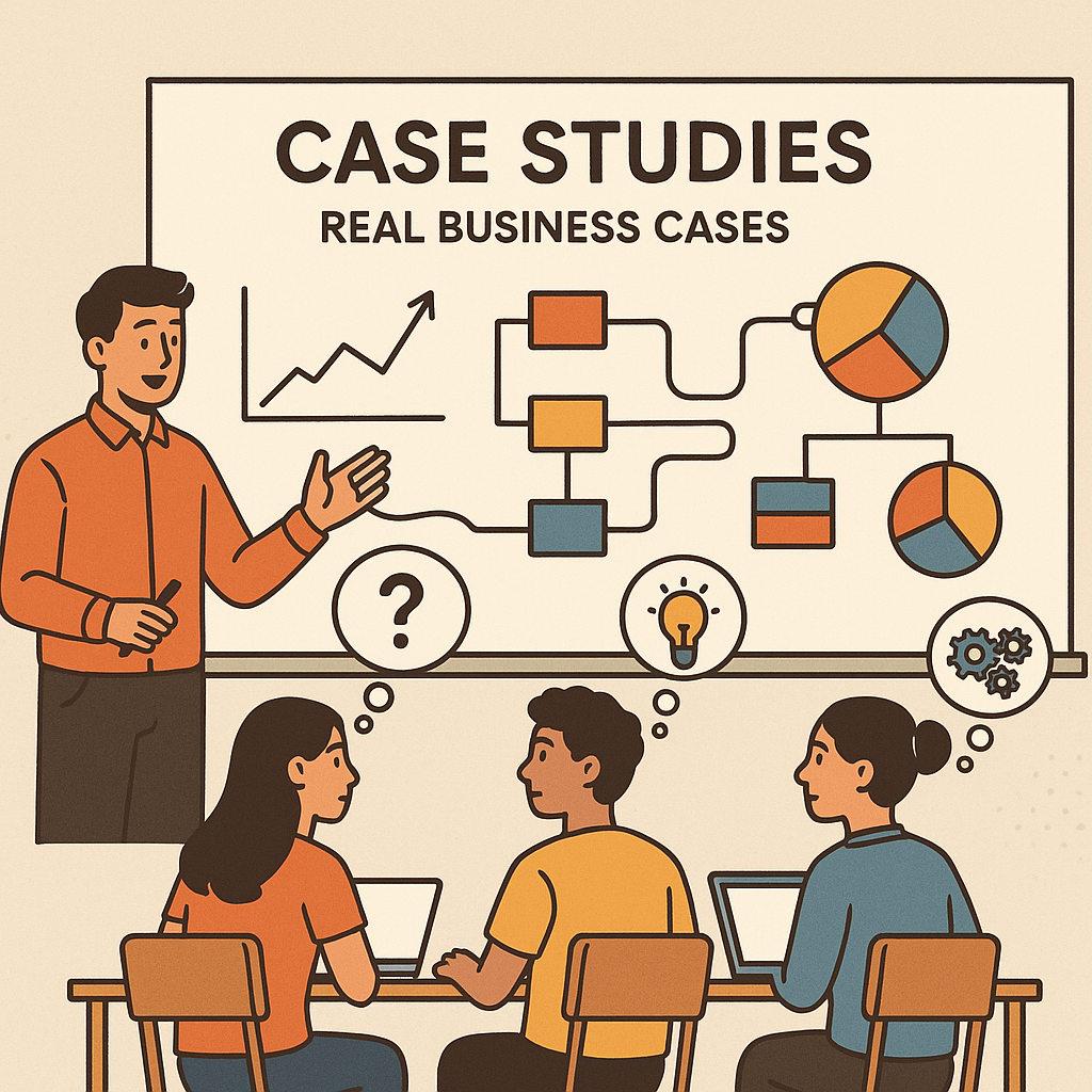 Illustration of students engaging with real business case studies, highlighting critical thinking and problem-solving skills.