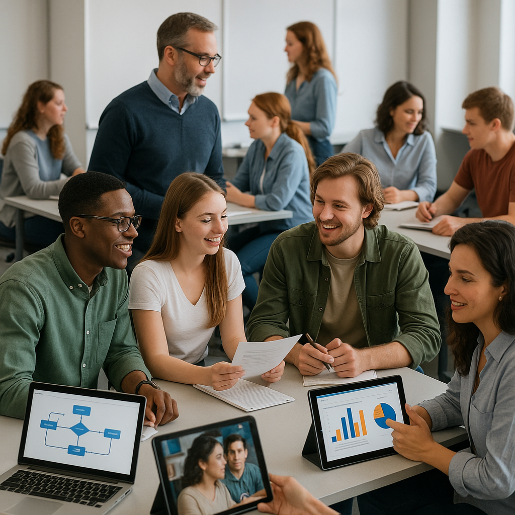 A classroom scene with diverse students actively engaged in group discussions and peer reviews, emphasizing active learning.