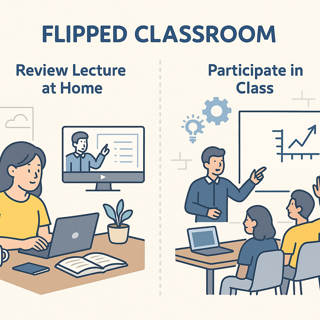 Illustration showing the dual environment of flipped classrooms: study at home and interactive class sessions.