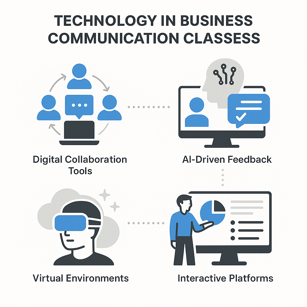 Diagram showing technology tools like collaboration platforms and AI feedback systems used in business communication education.