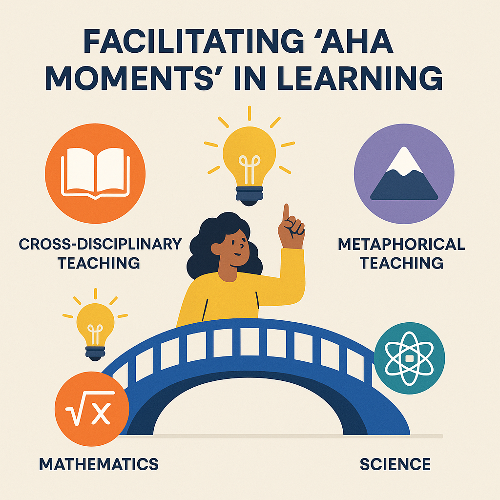 Illustration depicting cross-disciplinary and metaphorical methods for creating aha moments, with bridges and lightbulbs as symbols.