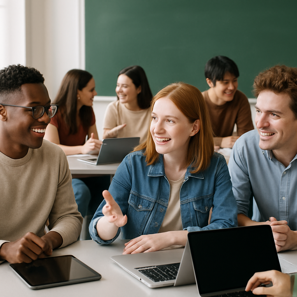 Photograph of diverse students using laptops and tablets in a classroom, participating in active learning activities.