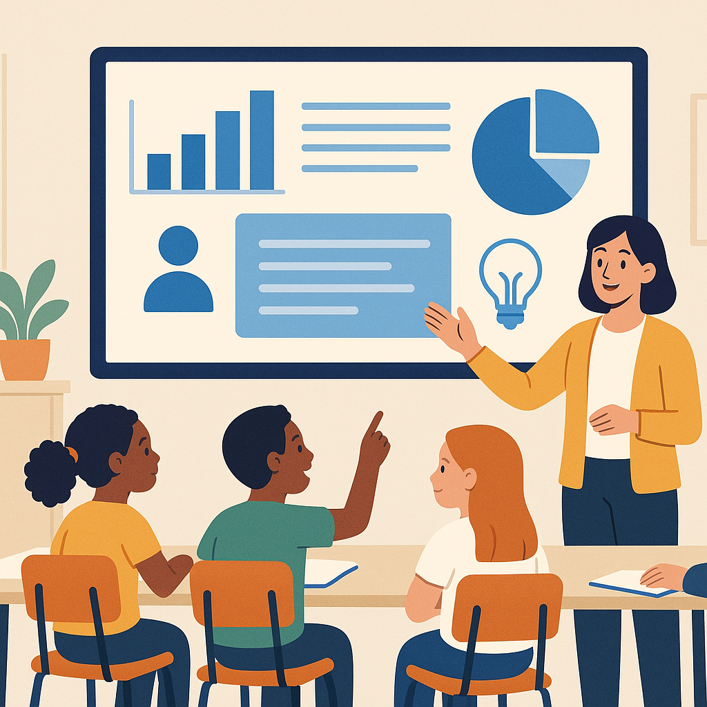 Illustration of a diverse classroom using visual tools to enhance understanding and engagement.