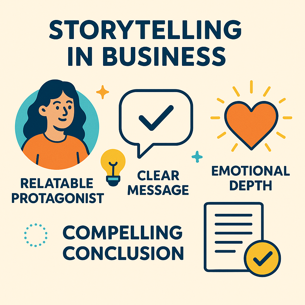 Illustration showing key storytelling elements: protagonist, clear message, emotional depth, and conclusion.