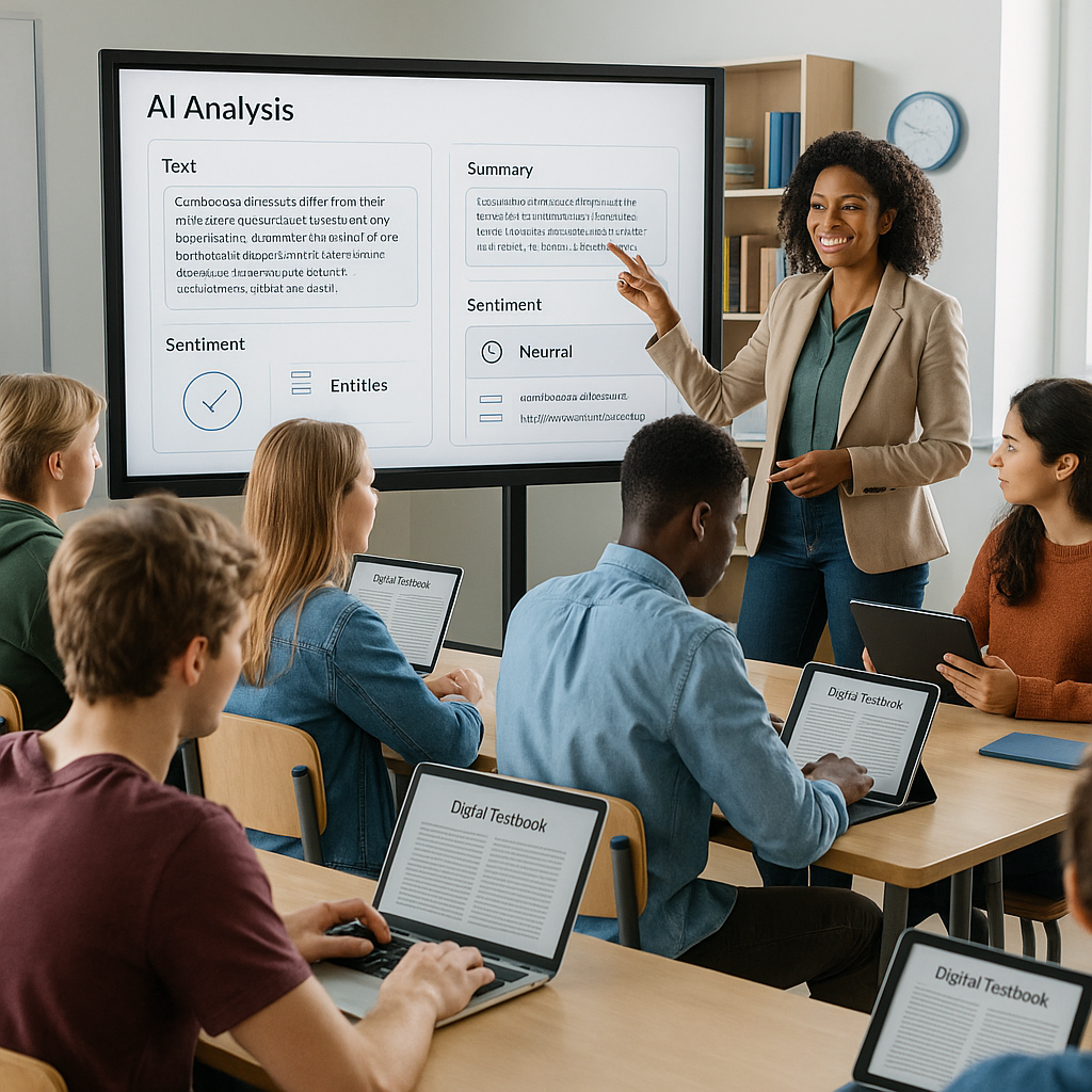 Students and instructor in a diverse, technology-driven classroom using modern tools to enhance communication skills.
