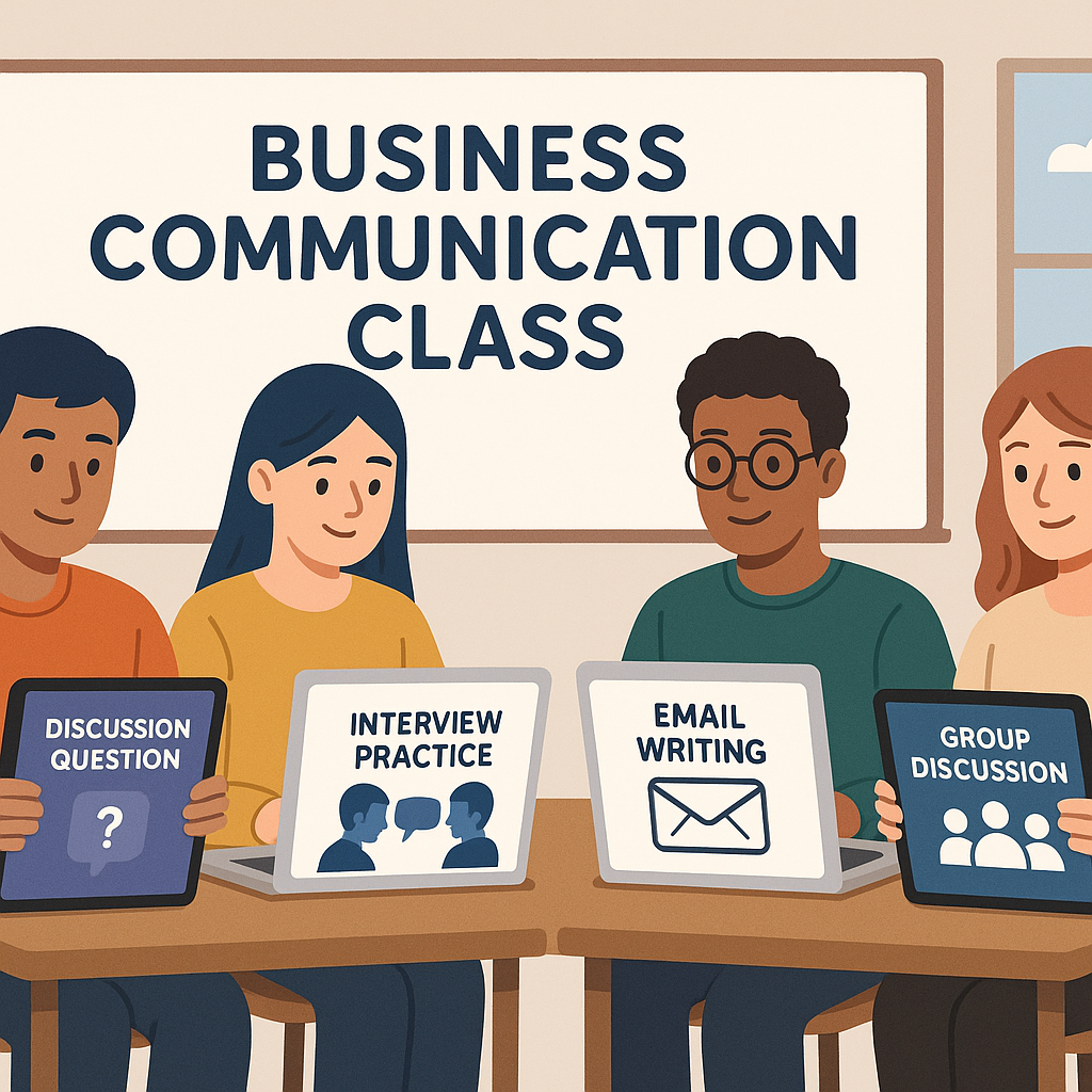 Illustration of students in a business communication class using laptops and tablets for learning.