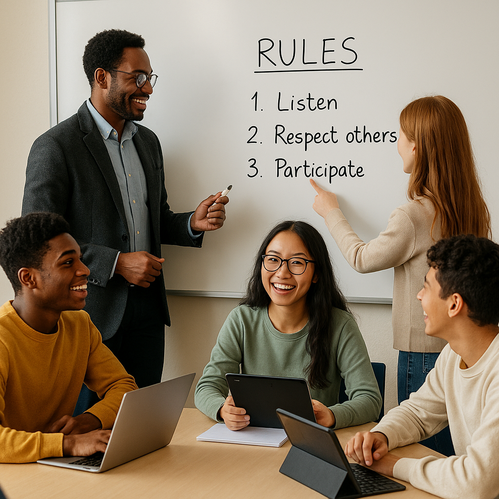 A classroom scene showing an instructor leading a discussion on creating classroom norms with engaged students.