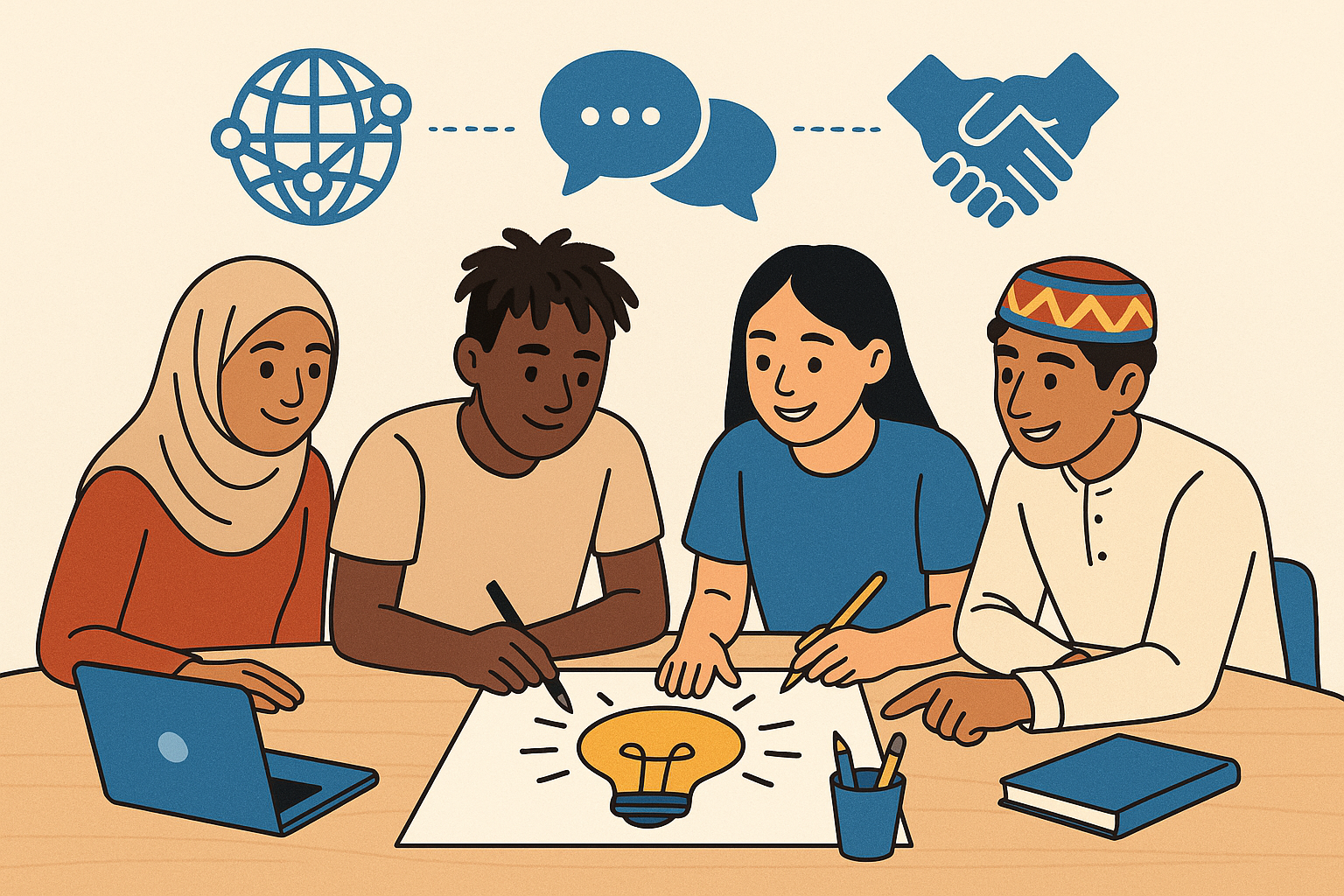 Illustration of students from diverse backgrounds collaborating on an engaging classroom task.