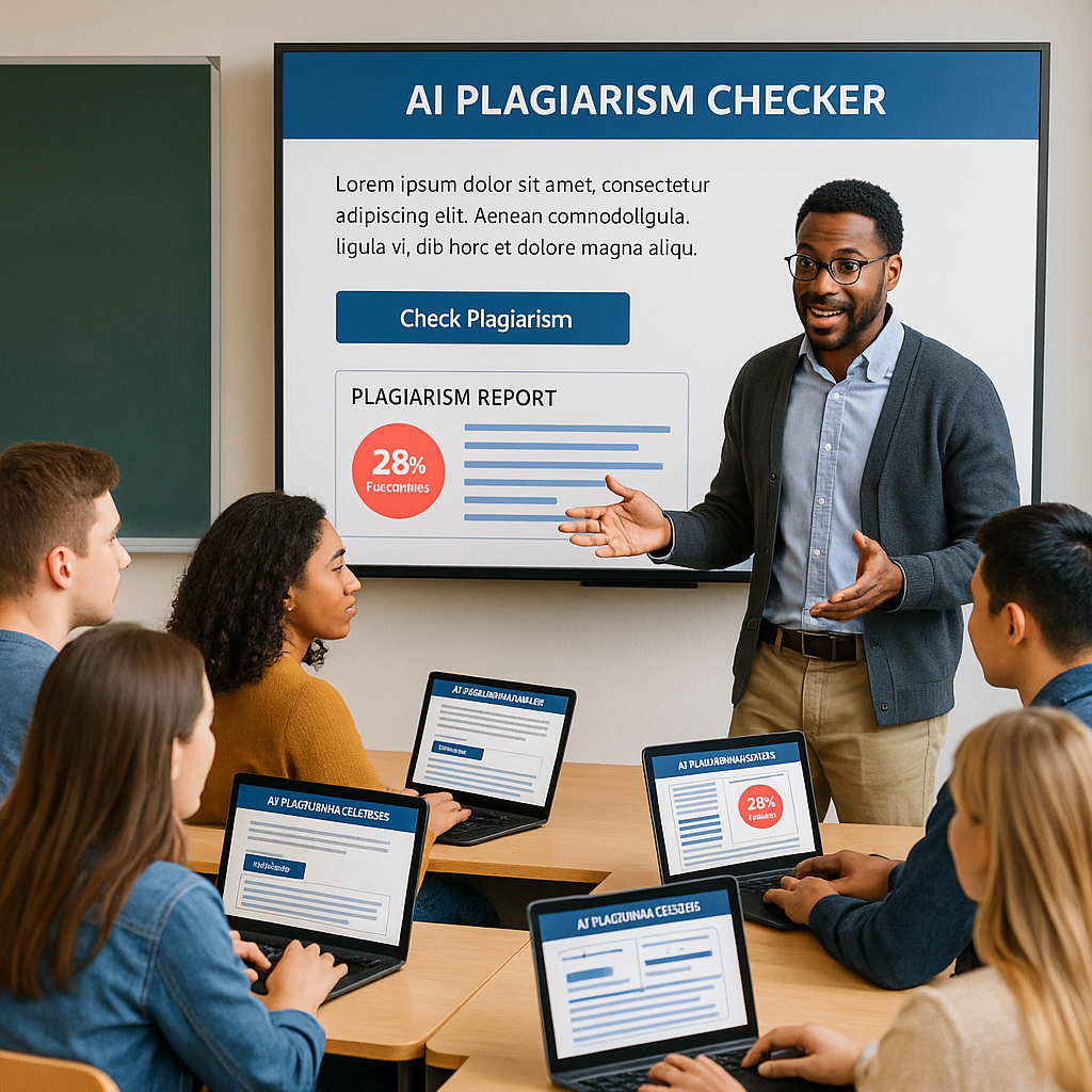 ethical landmines in curriculum - Photograph of students and an instructor using AI plagiarism checker in class to highl