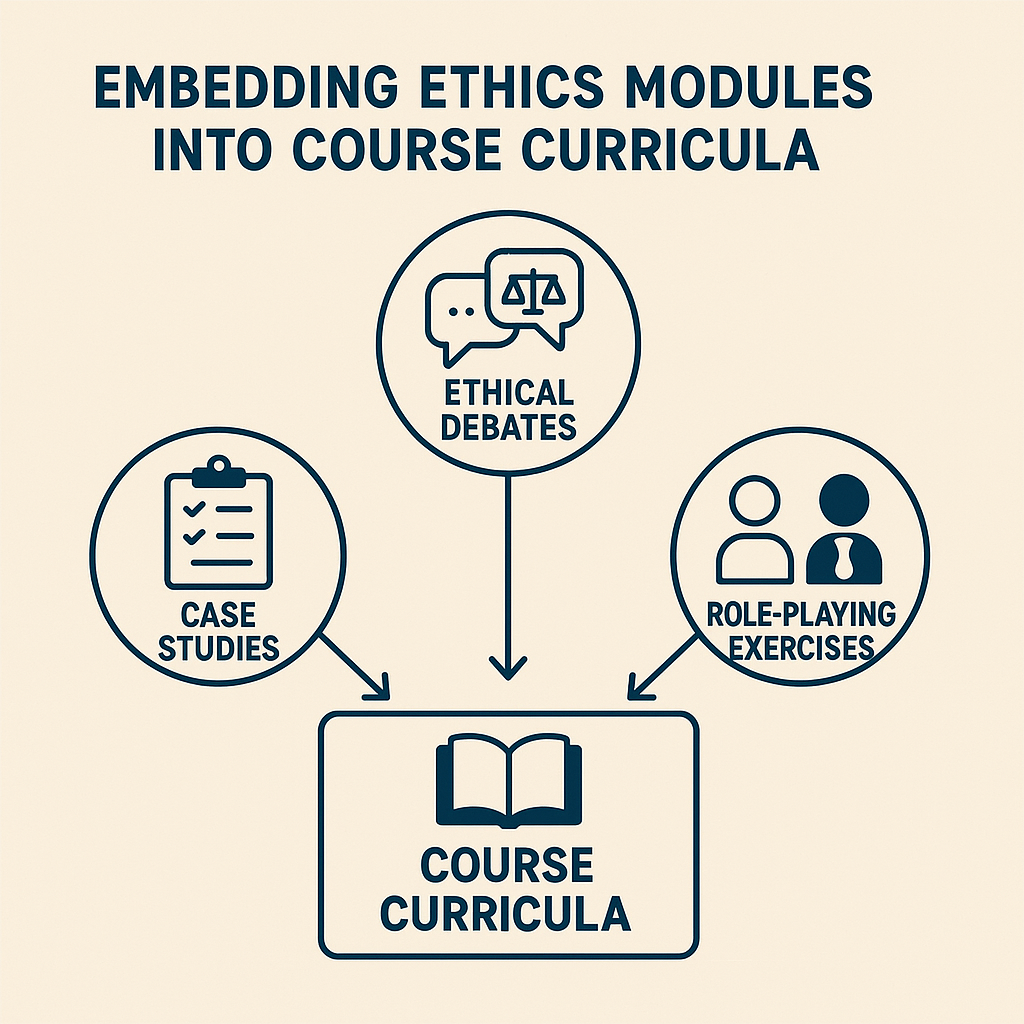ethical landmines in curriculum - Diagram showing the integration of ethics modules in courses through case studies, deb