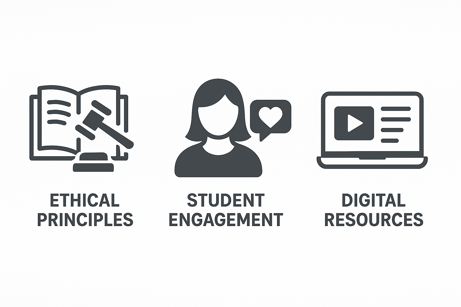 ethical landmines in curriculum - Icon set depicting ethical principles, student engagement, and digital resources for c