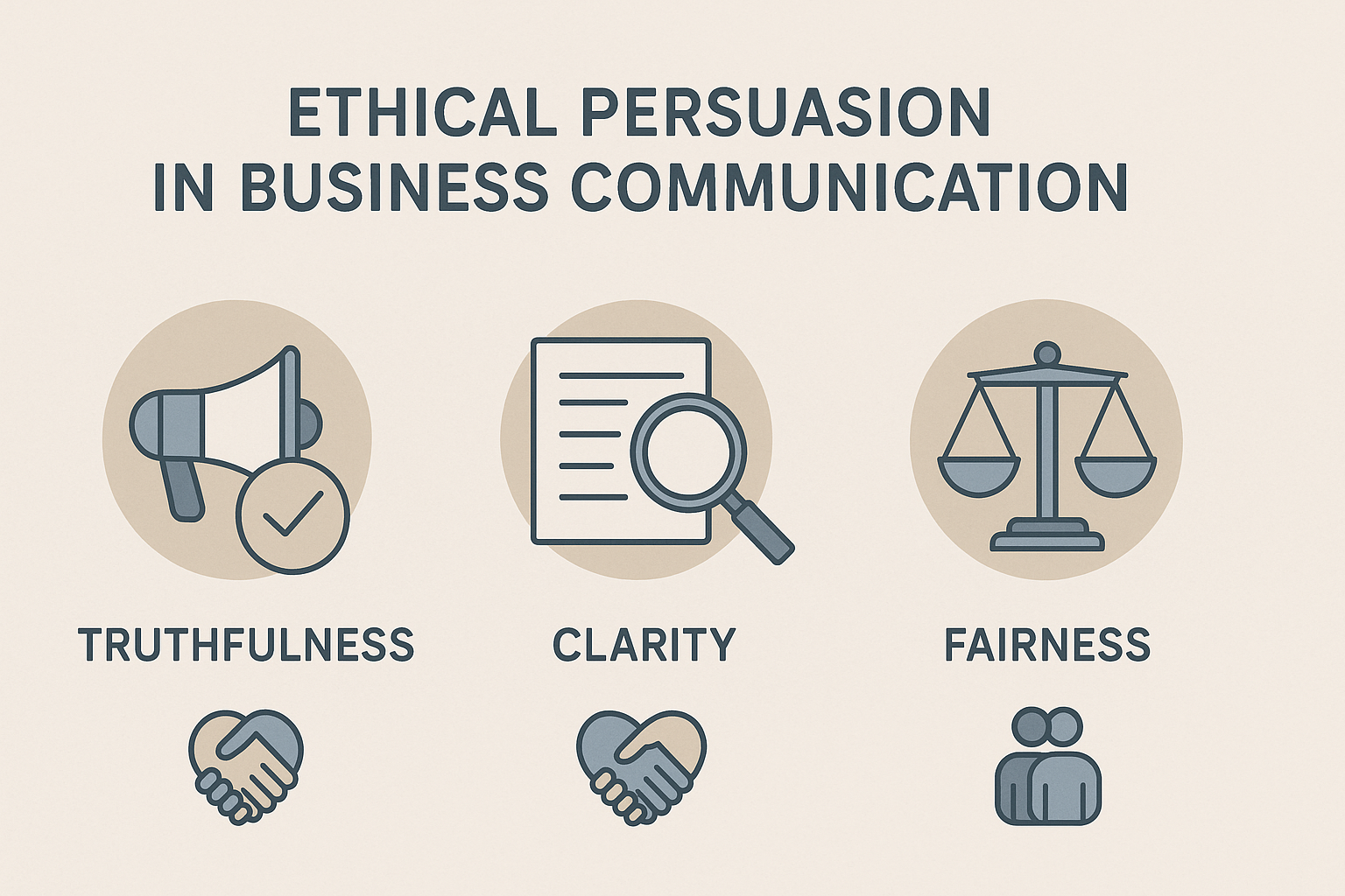 Illustration of ethical persuasion principles including clarity and fairness, with icons for mutual benefit and audience priority.