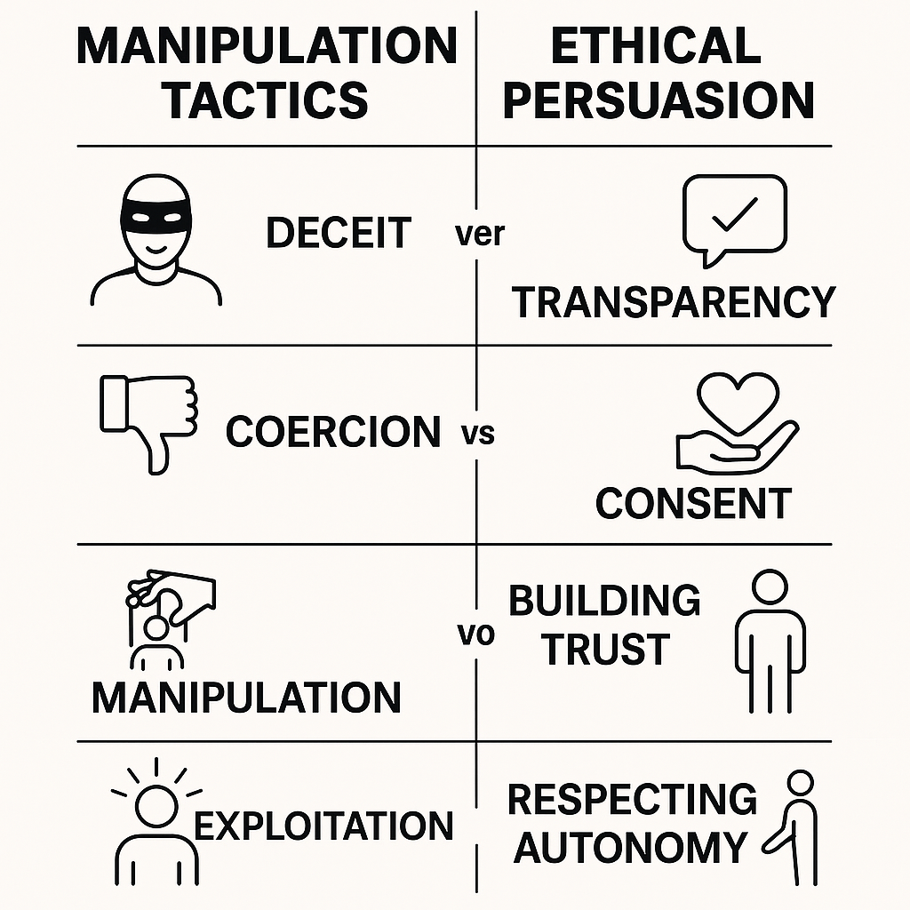 Diagram contrasting manipulation tactics with ethical persuasion methods, highlighting deceit and transparency.