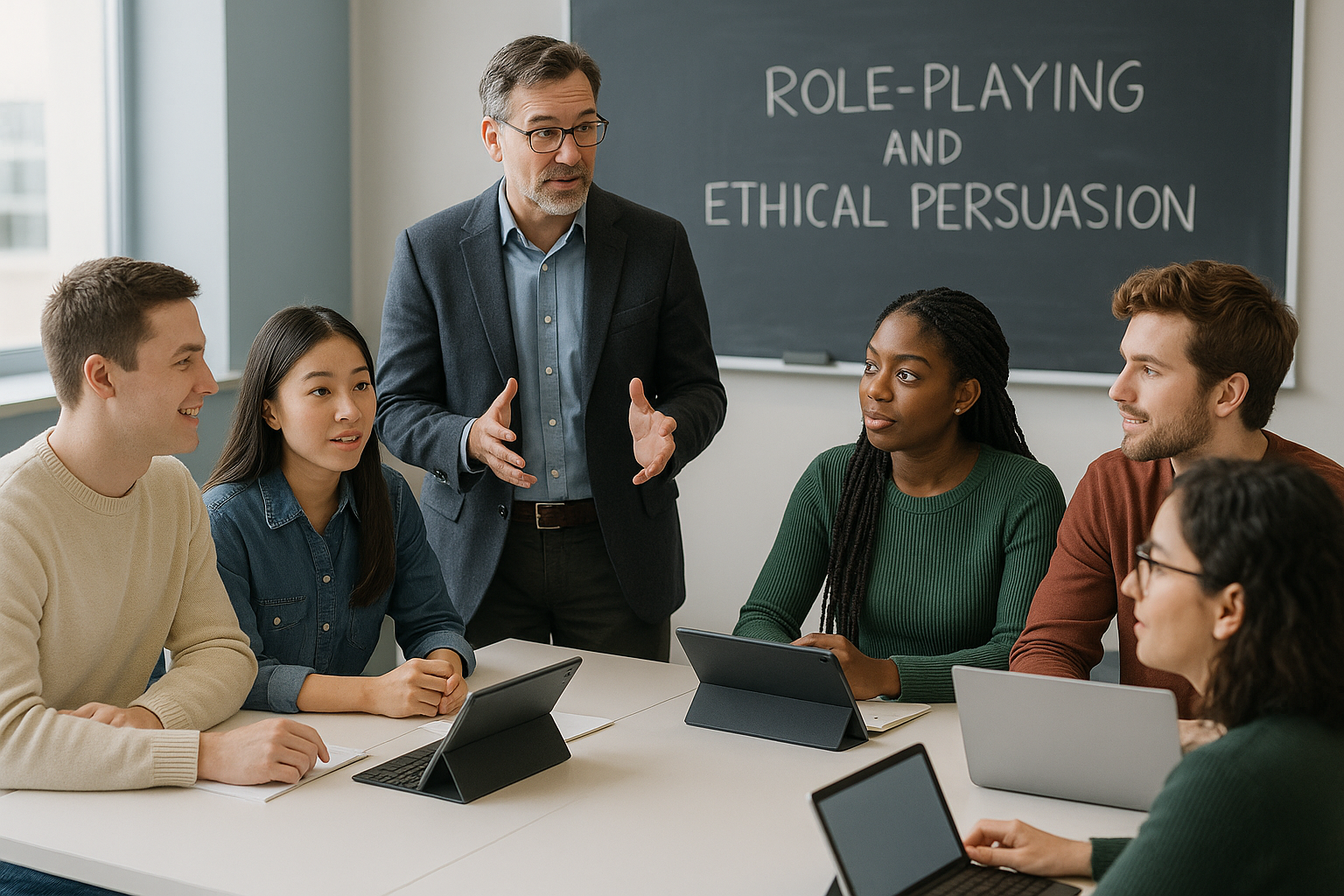 Photograph of students in a classroom engaging in a role-playing exercise about ethical persuasion, guided by an instructor.