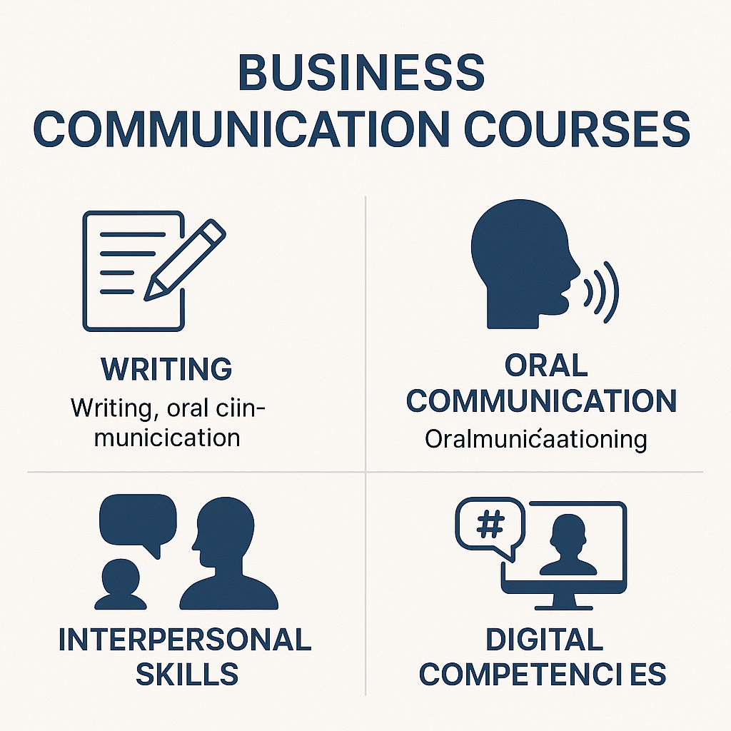 Diagram showing various skills taught in business communication, including writing, oral communication, and digital competencies.