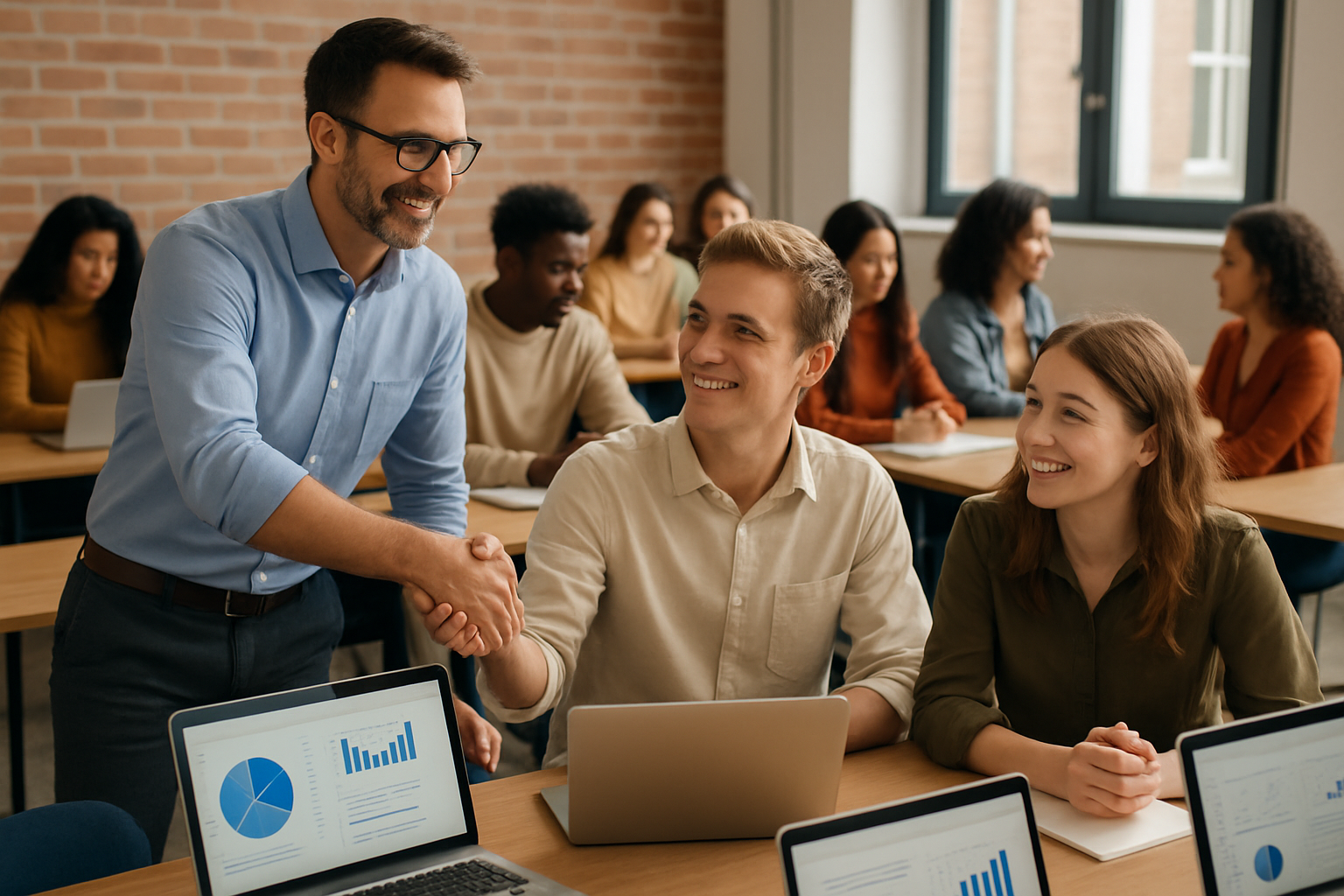 Photograph of a diverse classroom with students and an instructor engaged in a business communication exercise.