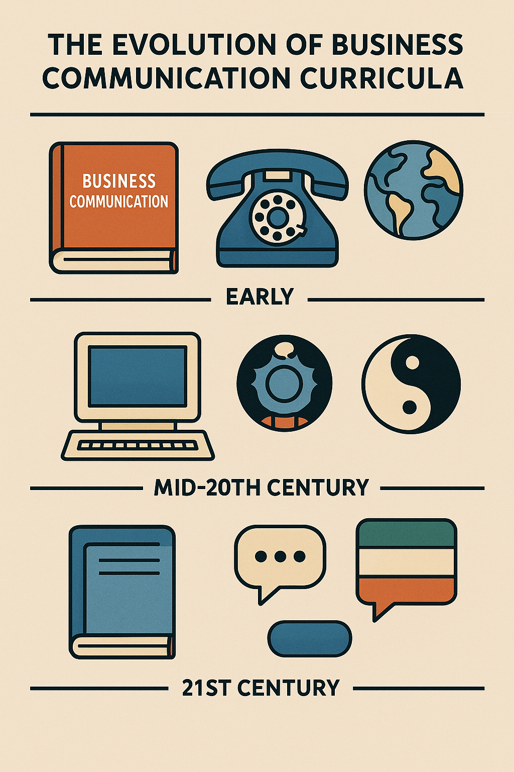 Illustration showing the dynamic change in business communication curricula with technology and cultural symbols.