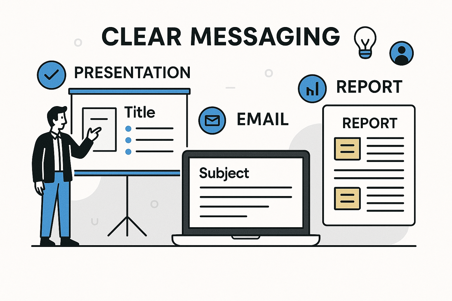 Illustration of clear messaging with a presentation, an email, and a report, all emphasizing clarity and structure.